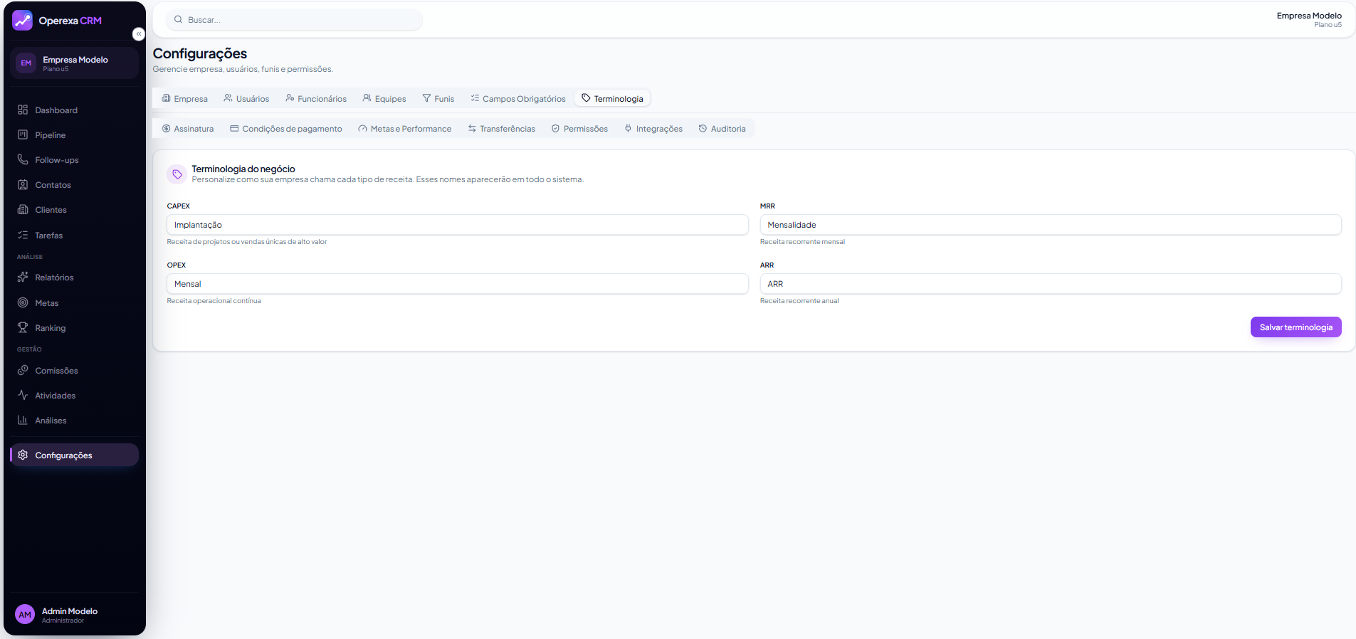 Configurações > Terminologia: CAPEX, OPEX, MRR e ARR personalizáveis