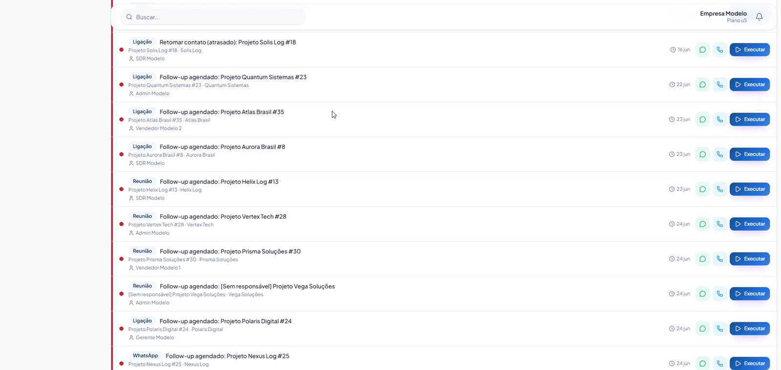 Lista real de tarefas e follow-ups no Operexa CRM