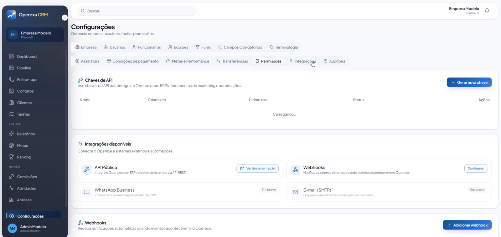 Tela real de configurações e integrações do Operexa CRM